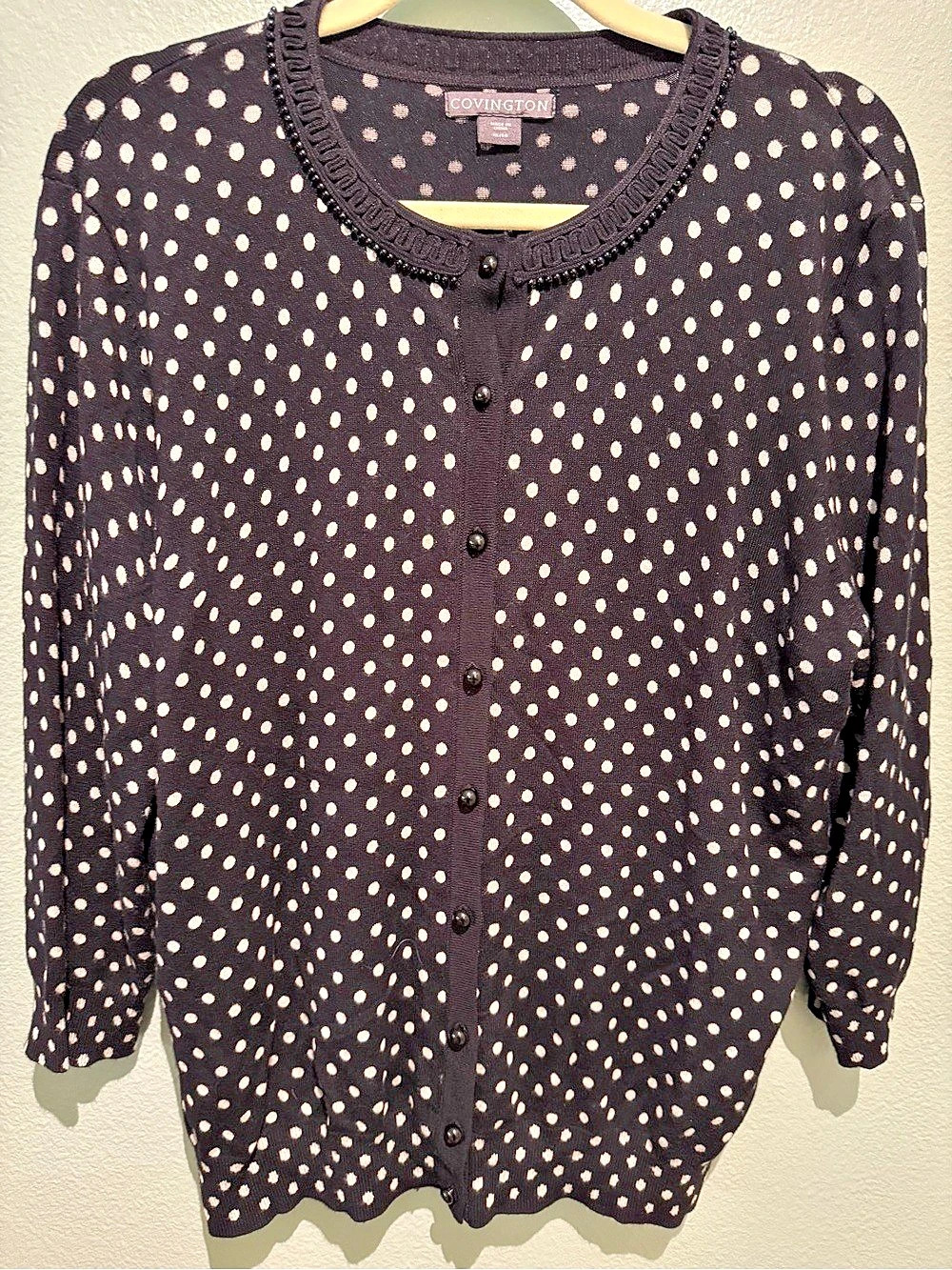 Covington Polka Dot Cardigan in Black & Light Pink - creamy  Size XL Like New